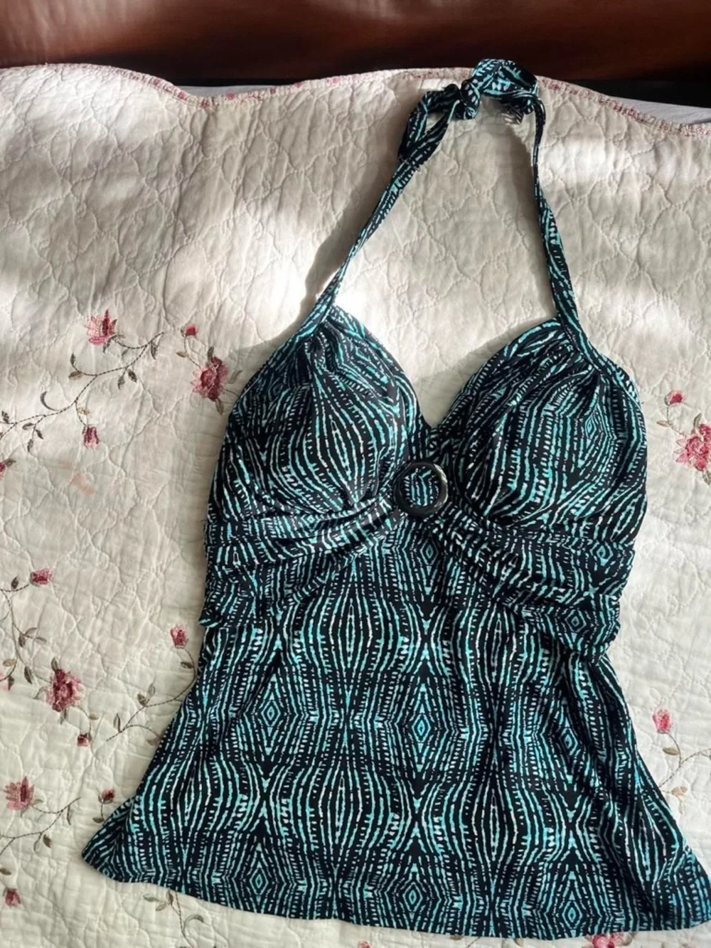 2000s St. John's Bay Teal and Black Patterned Halter Top/Tankini - Picture 7 of 8